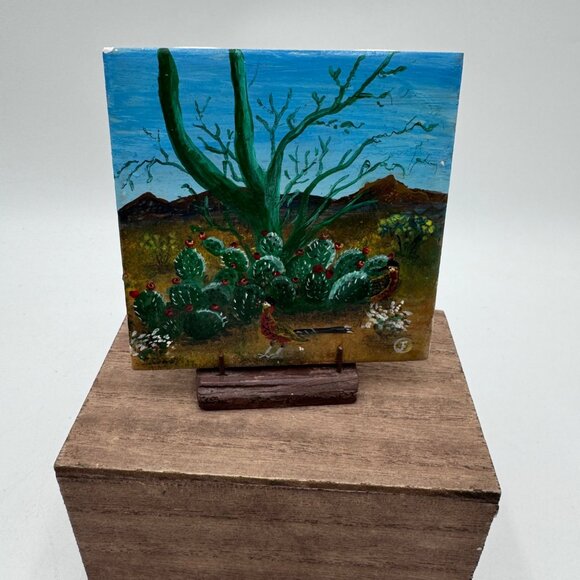Prickly pear road runner painted tile southwest Arizona scene blue sky small tin - Picture 3 of 16